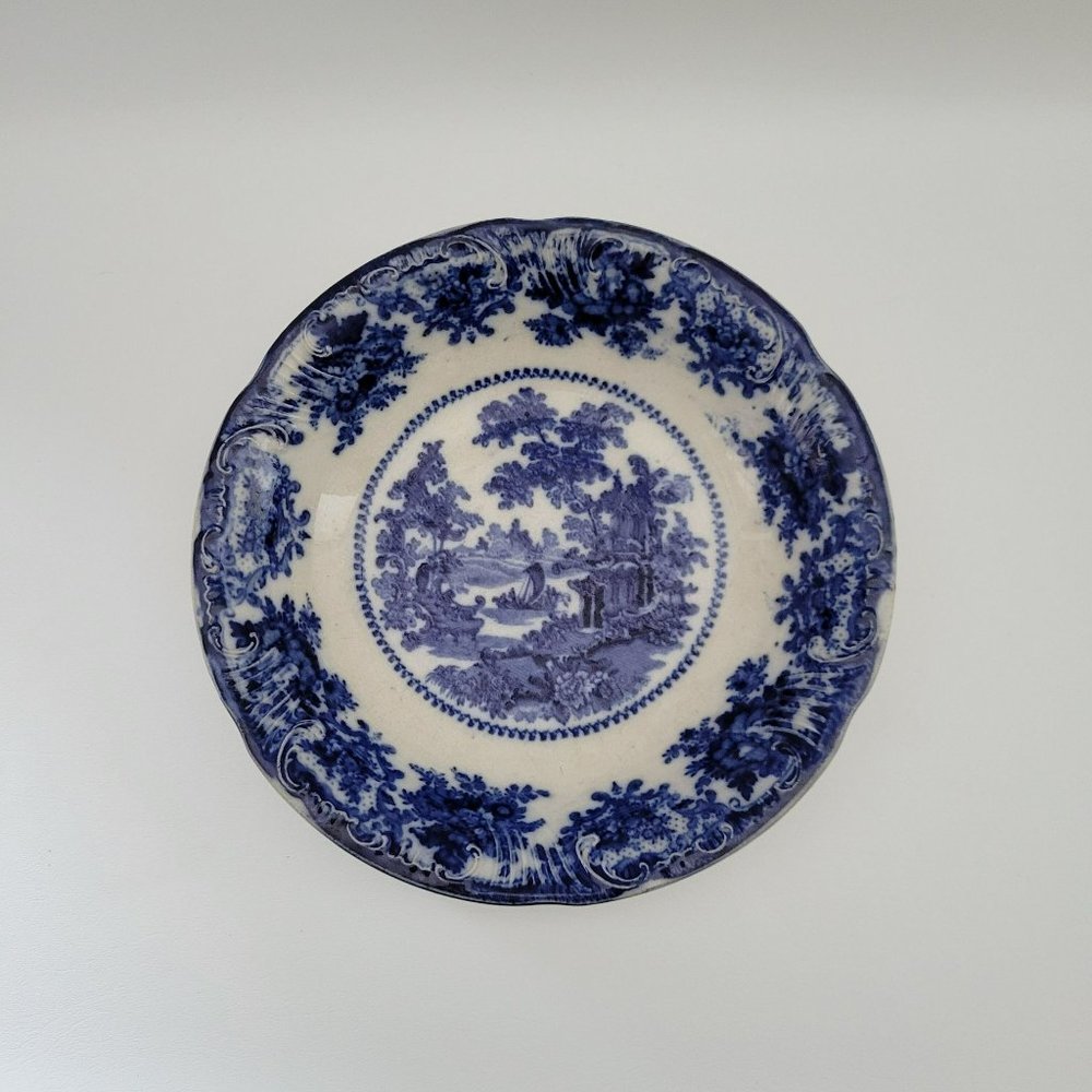 Vintage Flow Blue Serving Bowl by W. Adams & Co. in England, Fairy Villa Pattern